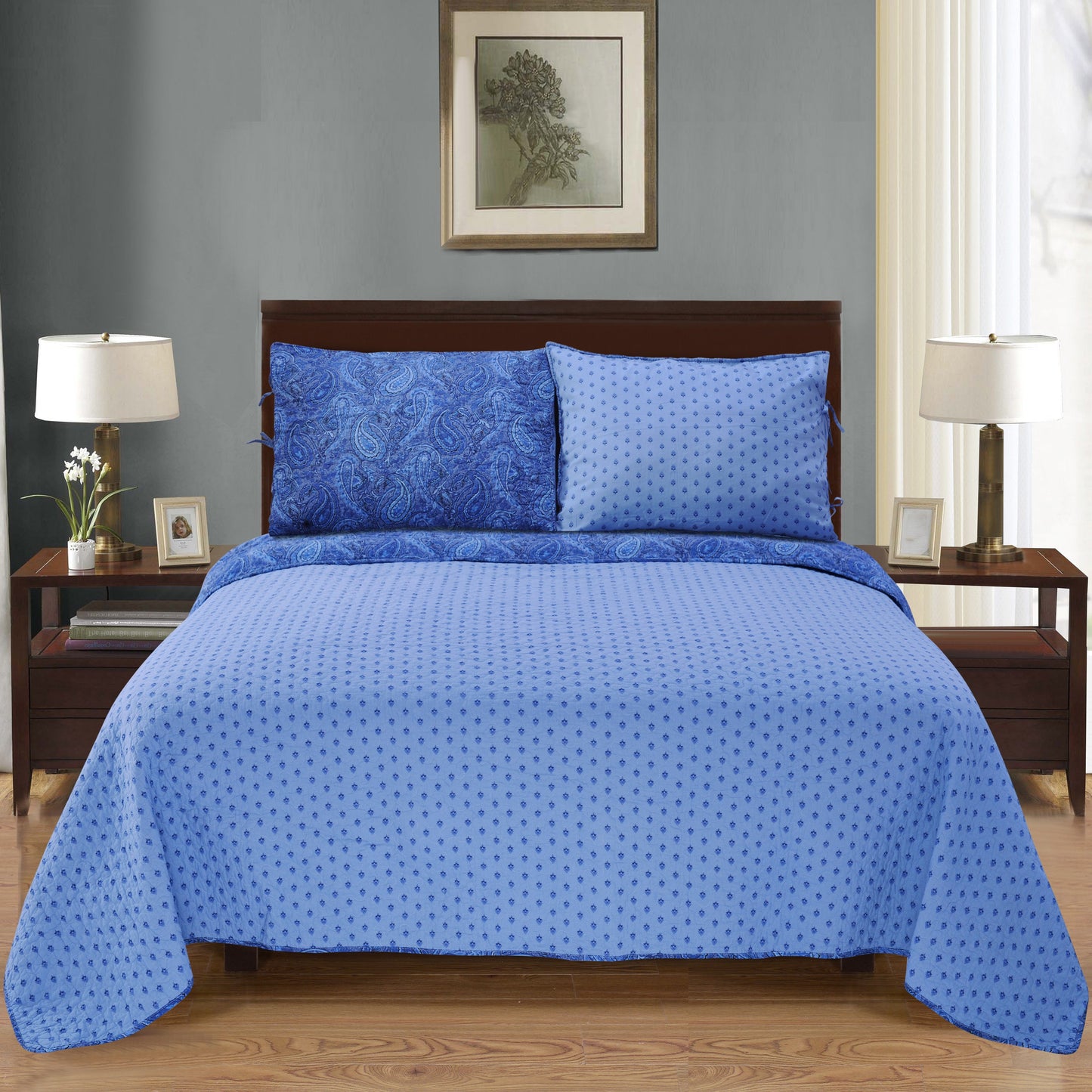 Reversible Morrocan Paisley Cotton Quilt Set -  Navy