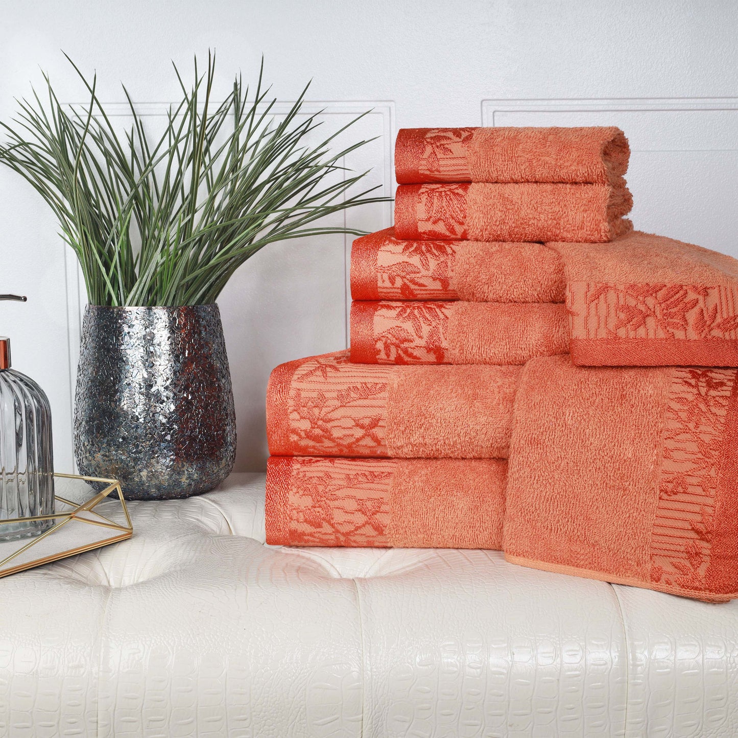 Wisteria Cotton Medium Weight Floral Jacquard Border 8 Piece Towel Set