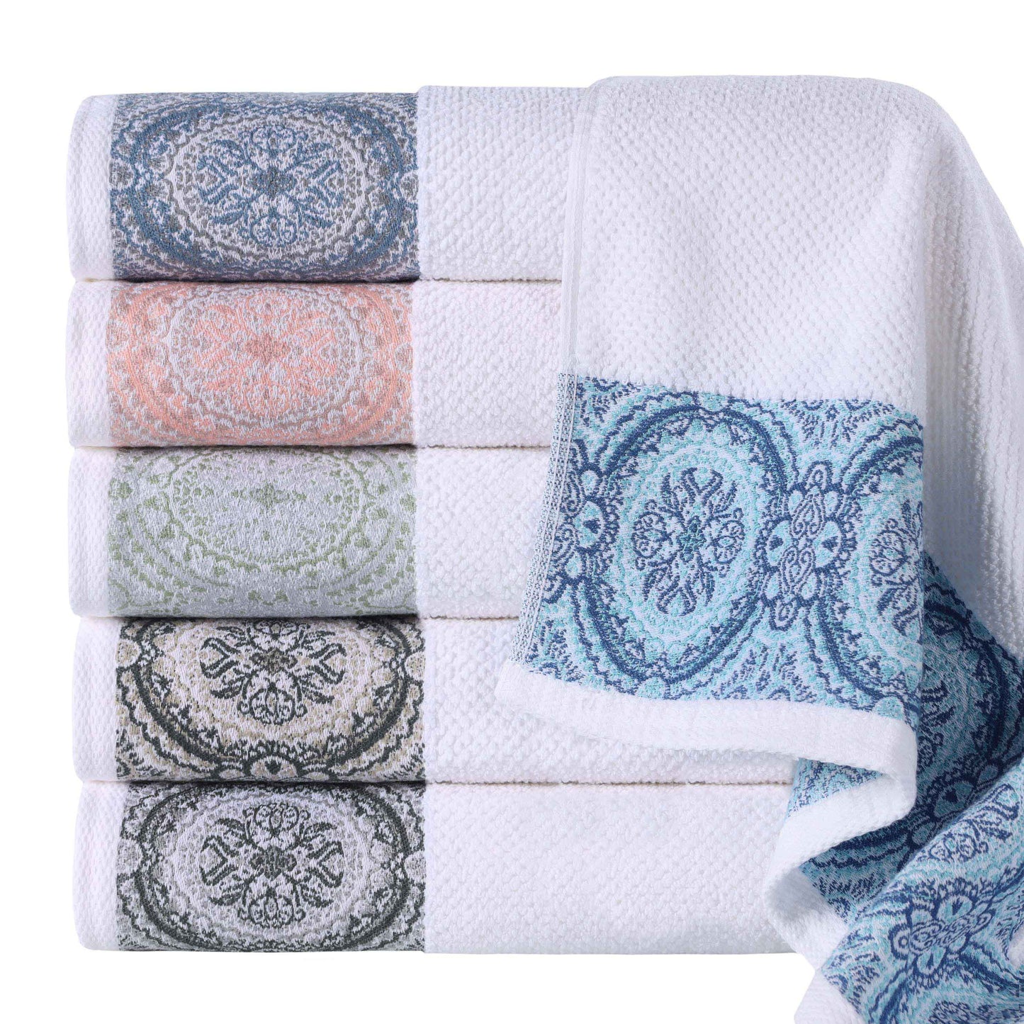 Medallion Cotton Jacquard Textured Soft Absorbent 3 Piece Towel Set - Stone