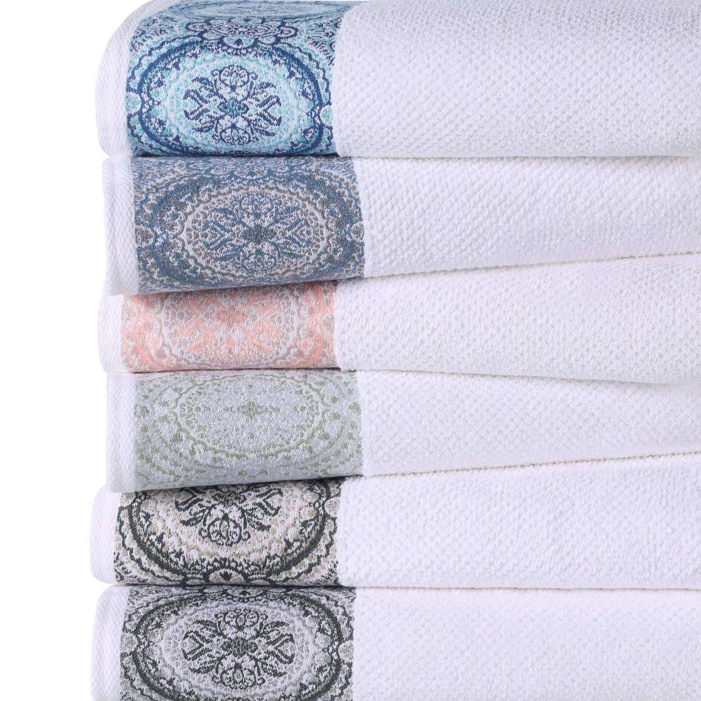 Medallion Cotton Jacquard Textured Soft Absorbent 3 Piece Towel Set - Stone