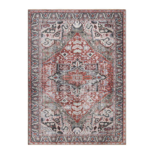 Mesa Rustic Medallion Border Washable Indoor Area Rug or Runner Rug - Brown