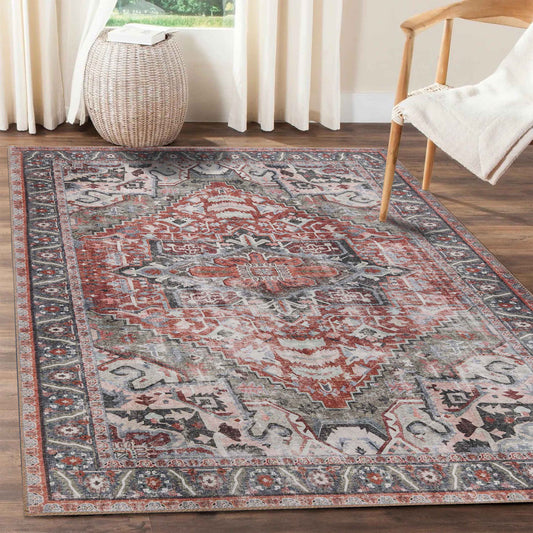 Mesa Rustic Medallion Border Washable Indoor Area Rug or Runner Rug - Brown