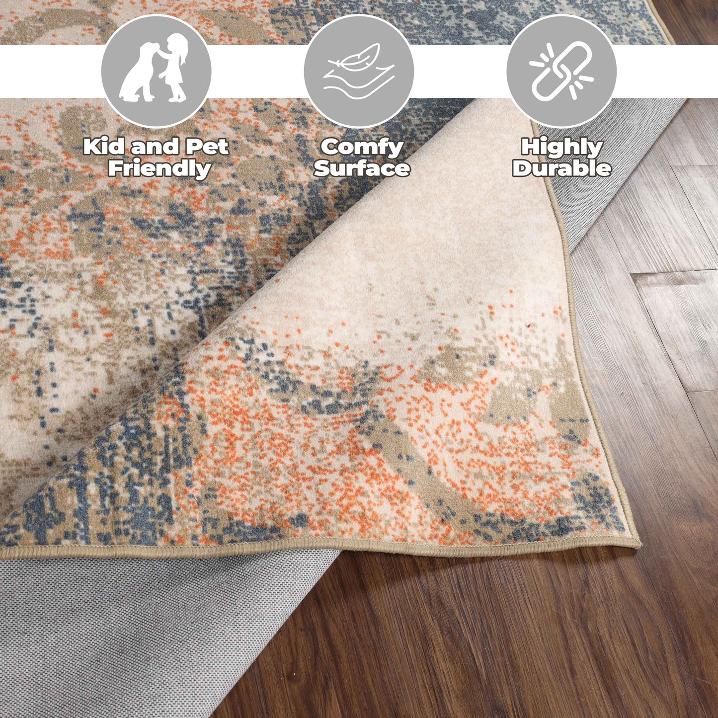 Bristol Distressed Abstract Damask Indoor Area Rug or Runner Rug - MidnightNavy-Salmon