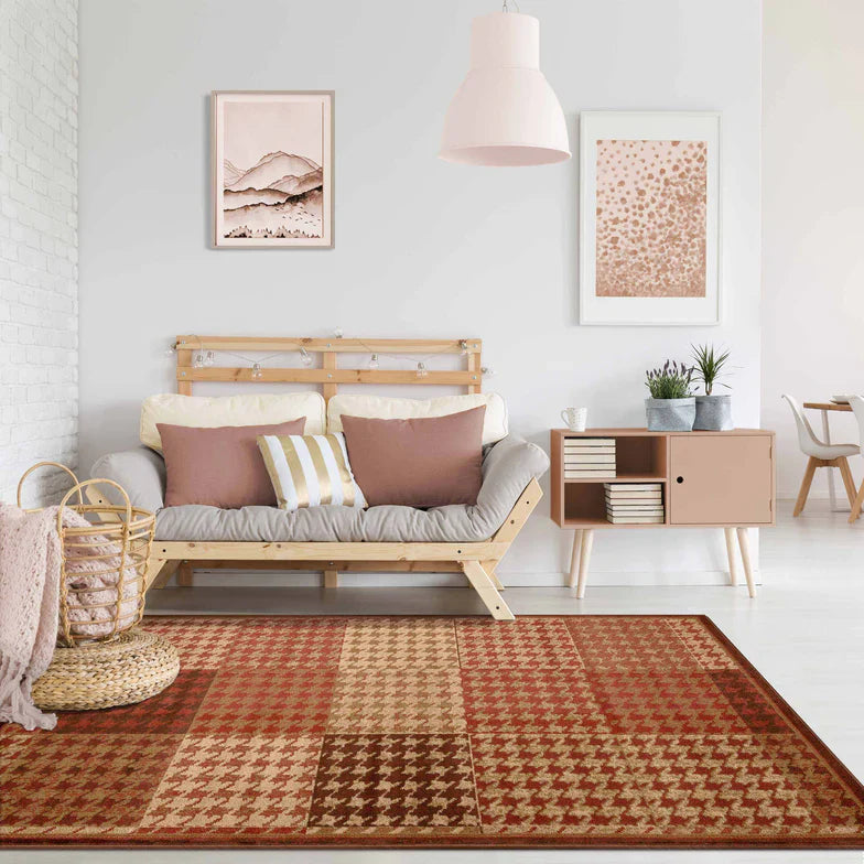 Abstract Checkered Geometric Border Indoor Area Rug or Runner - Mocha