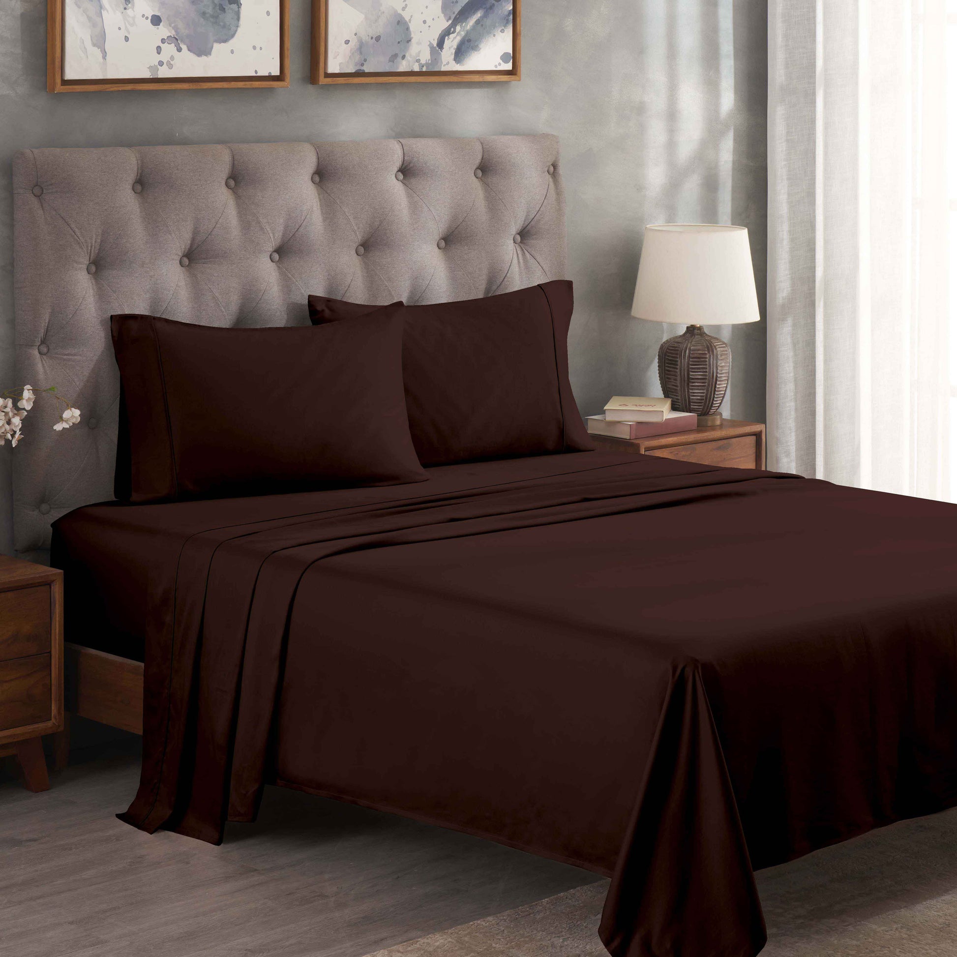 Egyptian Cotton 300 Thread Count Solid Deep Pocket Sheet Set - Mocha