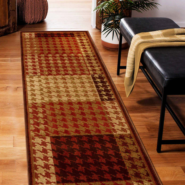 Abstract Checkered Geometric Border Indoor Area Rug or Runner - Mocha