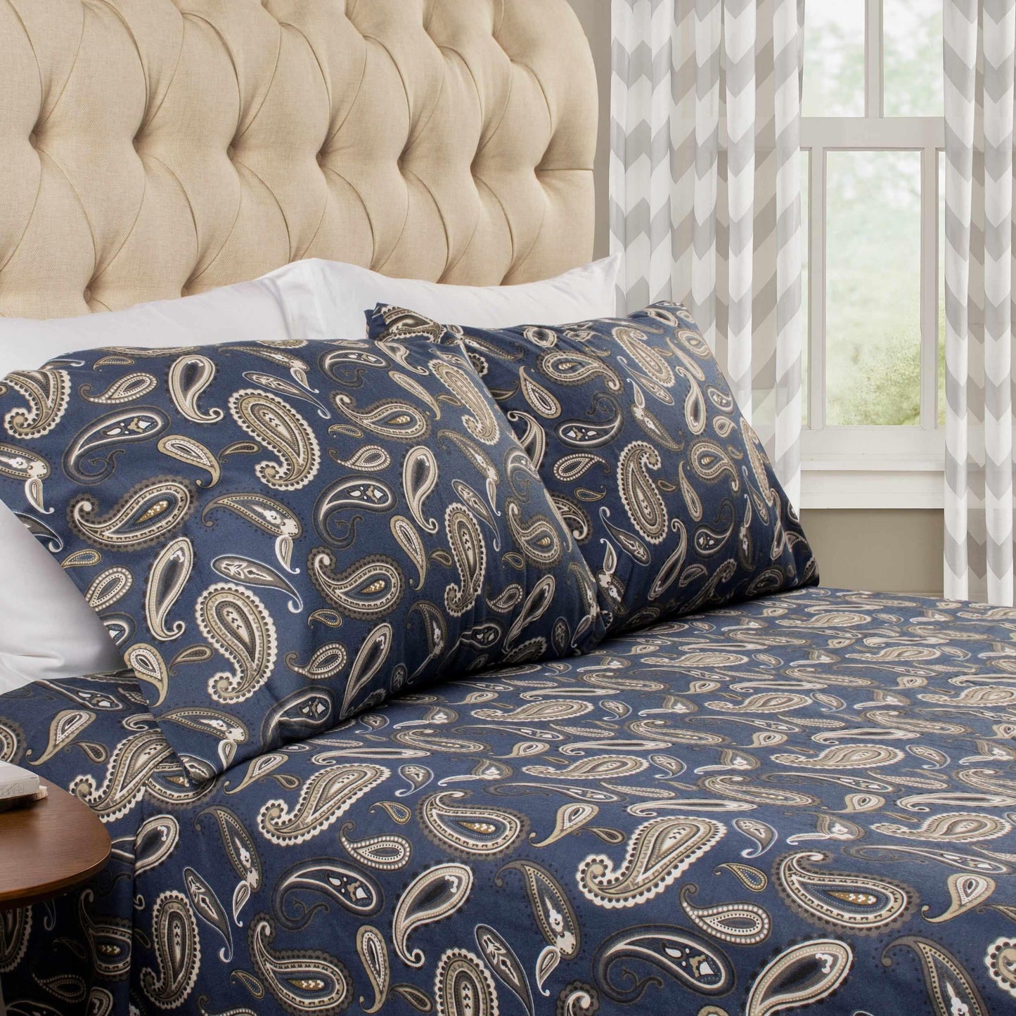 Superior Modern Cotton Flannel Paisley or Solid Deep Pocket Sheet Set - Navy Blue