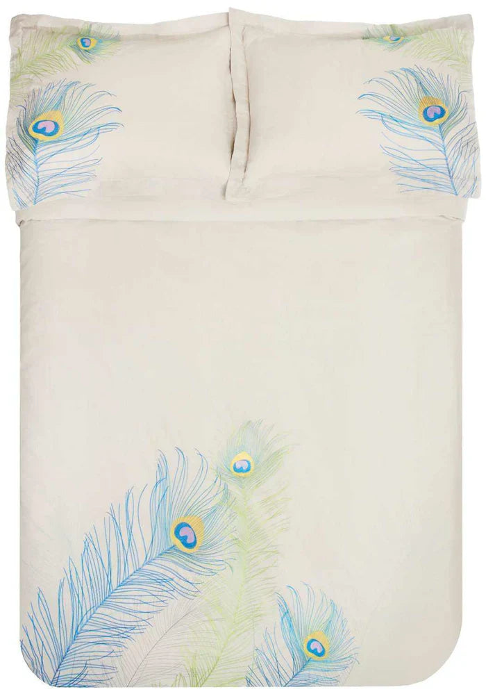 Embroidered Peacock Cotton Duvet Cover Set - Multicolored