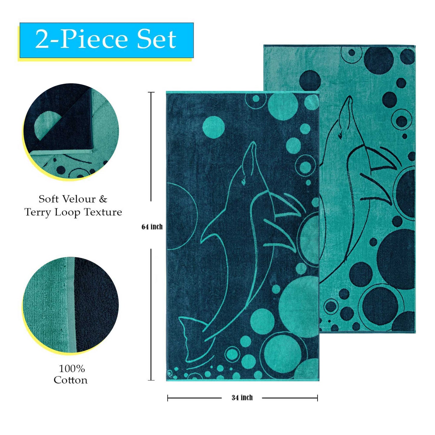 Superior Mystic Dolphin Cotton Oversized Beach Towel Set - Teal