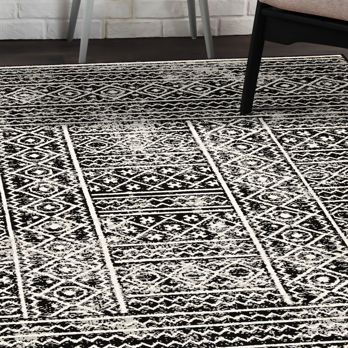 Formal Geometric Border Indoor Area Rug or Runner - Black
