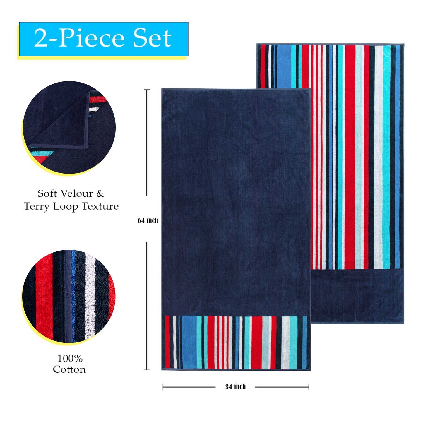 Superior Nautical Stripe Cotton Oversized Beach Towel Set - Blue
