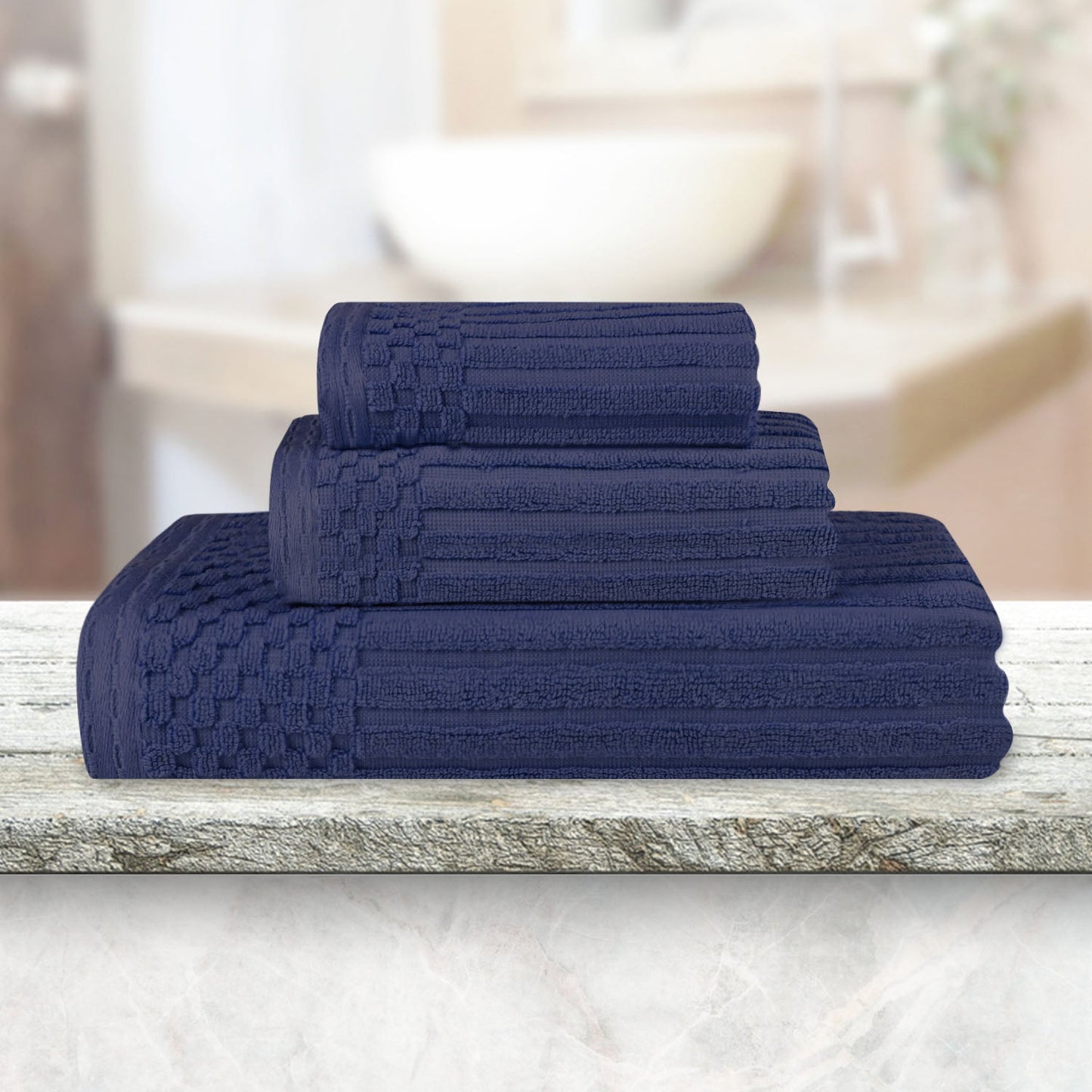 Soho Ribbed Cotton Absorbent 3 Piece Assorted Towel Set - NavyBlue
