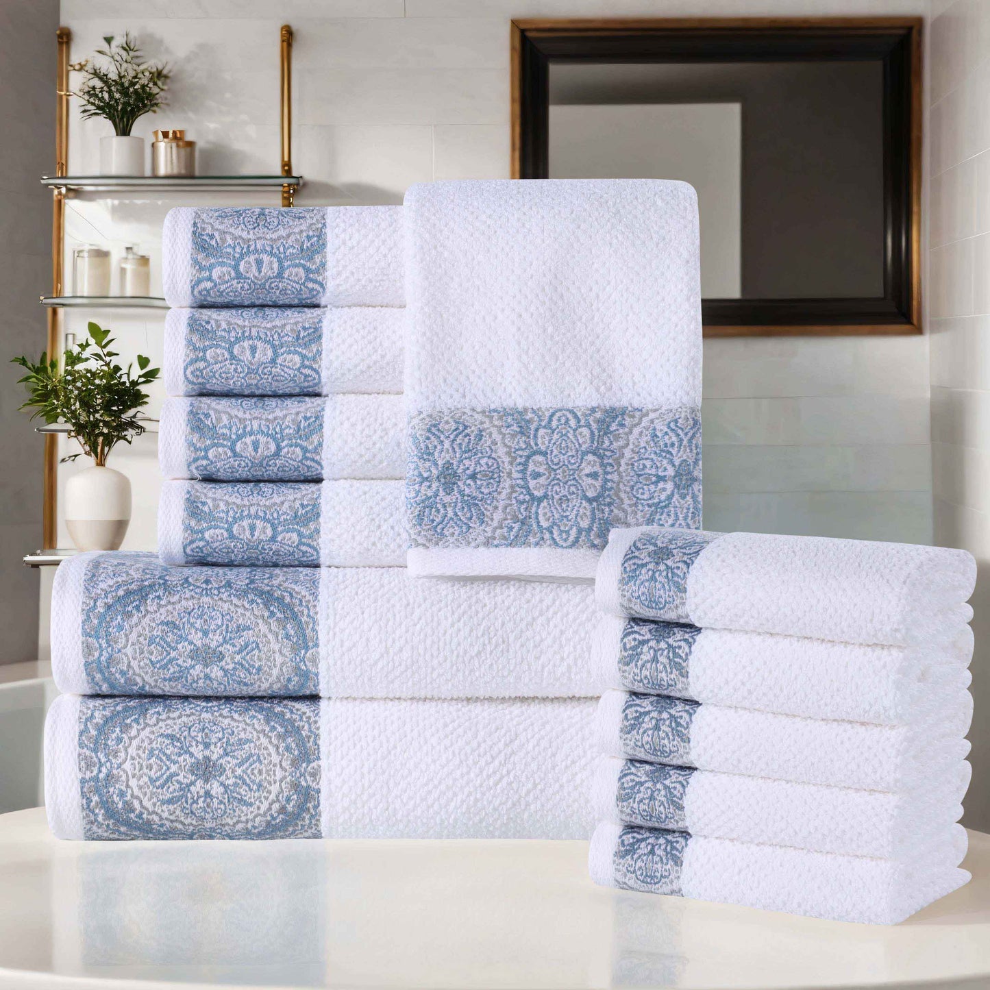 Medallion Cotton Jacquard Textured Soft Absorbent 12 Piece Towel Set - NavyBlue