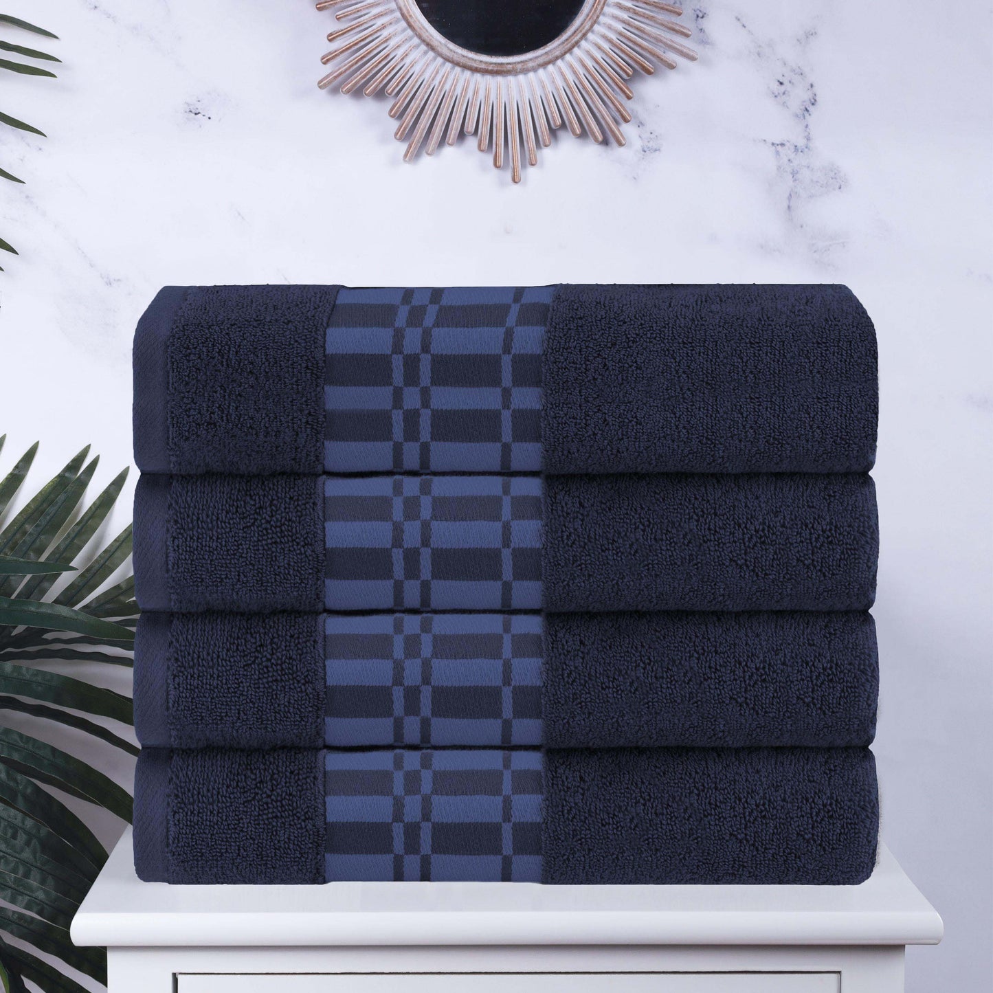 Larissa Cotton Geometric Border Bath Towel Set of 4 - NavyBlue