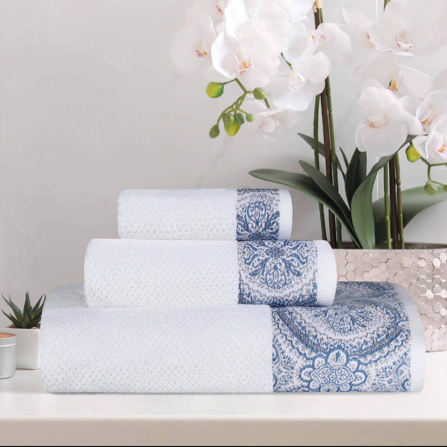 Medallion Cotton Jacquard Textured Soft Absorbent 3 Piece Towel Set - NavyBlue