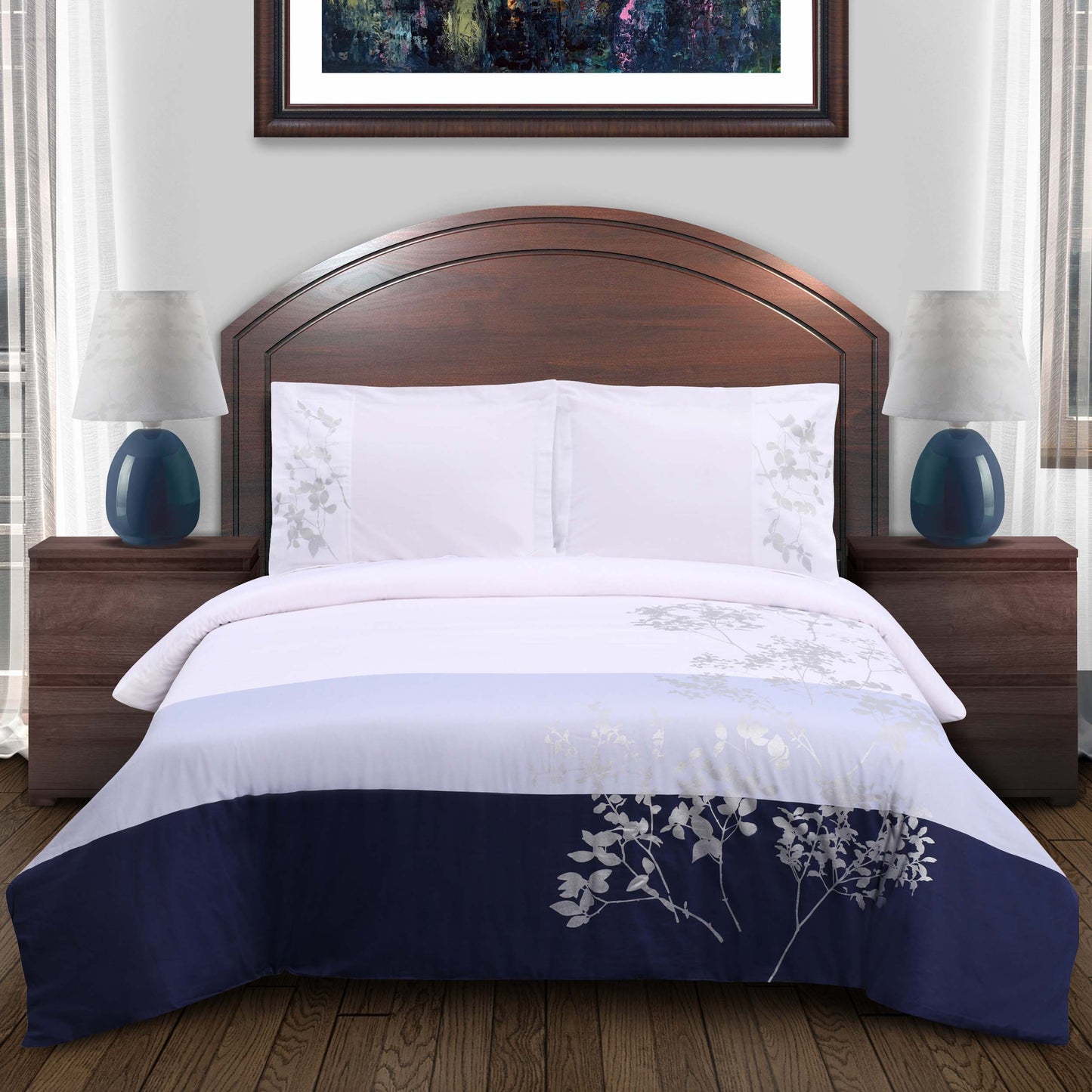 Sydney Floral Damask Cotton Duvet Cover Set - NavyBlue