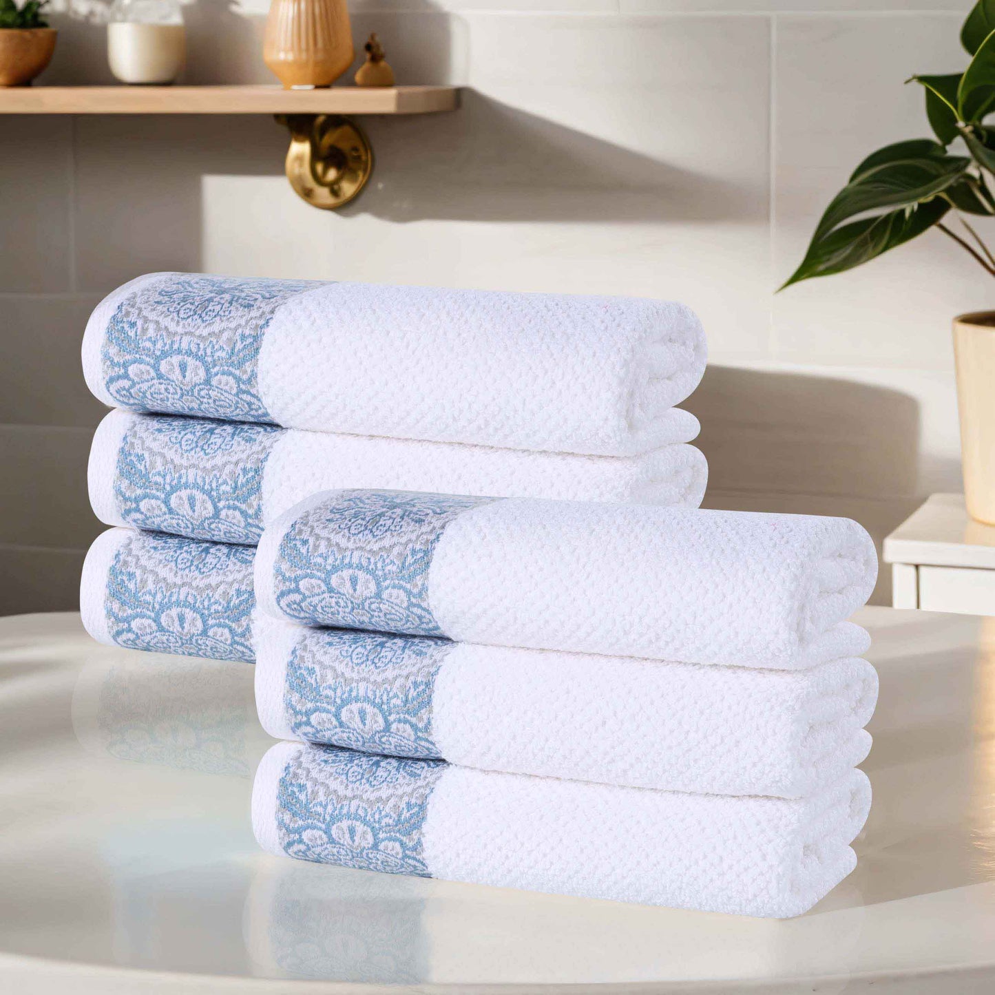 Medallion Cotton Jacquard Textured Soft Absorbent Hand Towel Set of 6 - NavyBlue