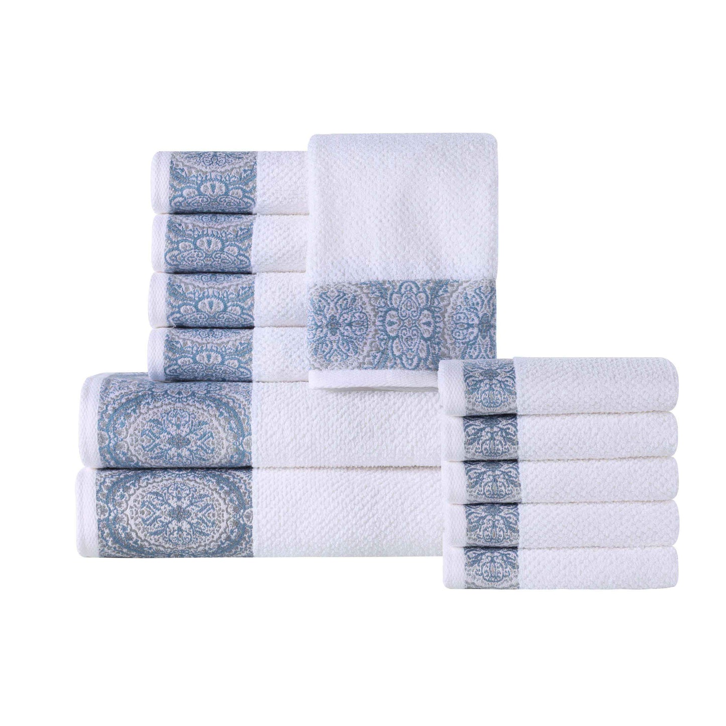 Medallion Cotton Jacquard Textured Soft Absorbent 12 Piece Towel Set - NavyBlue