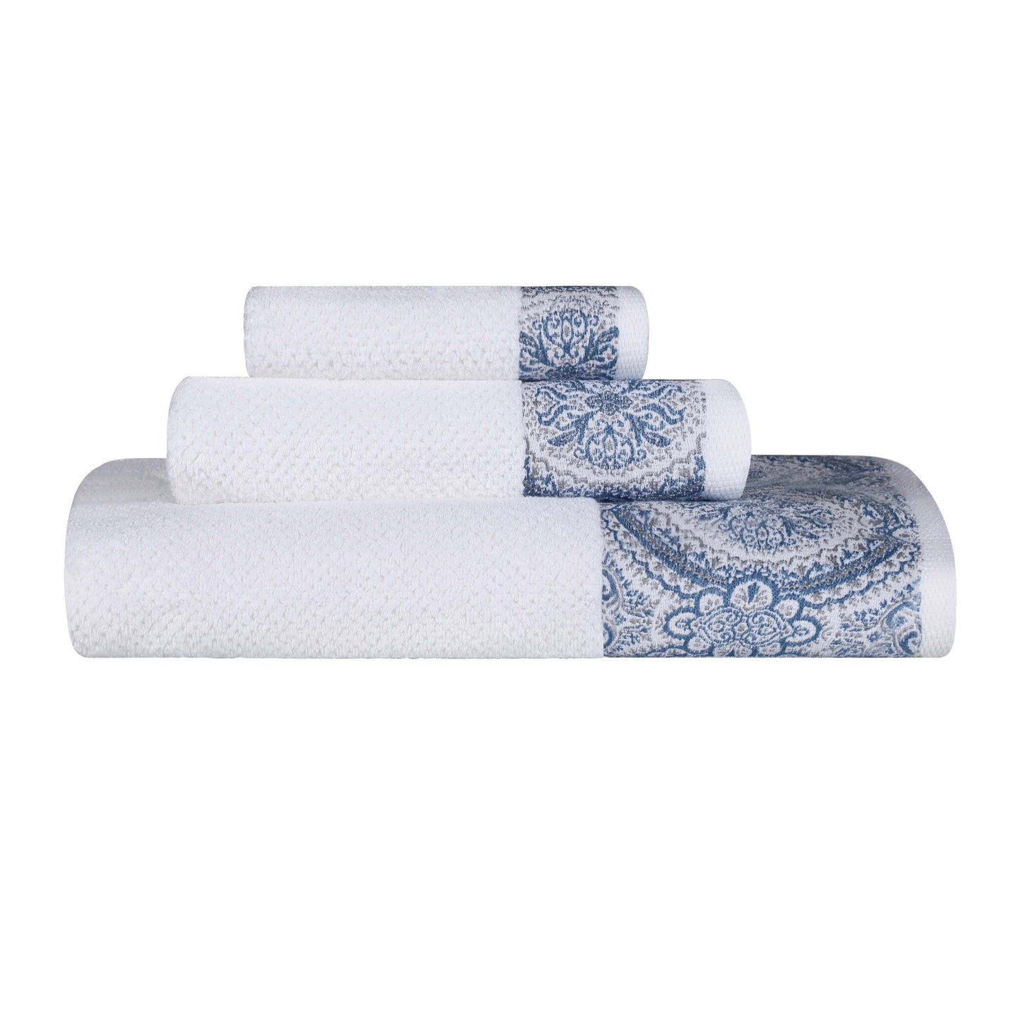Medallion Cotton Jacquard Textured Soft Absorbent 3 Piece Towel Set - NavyBlue