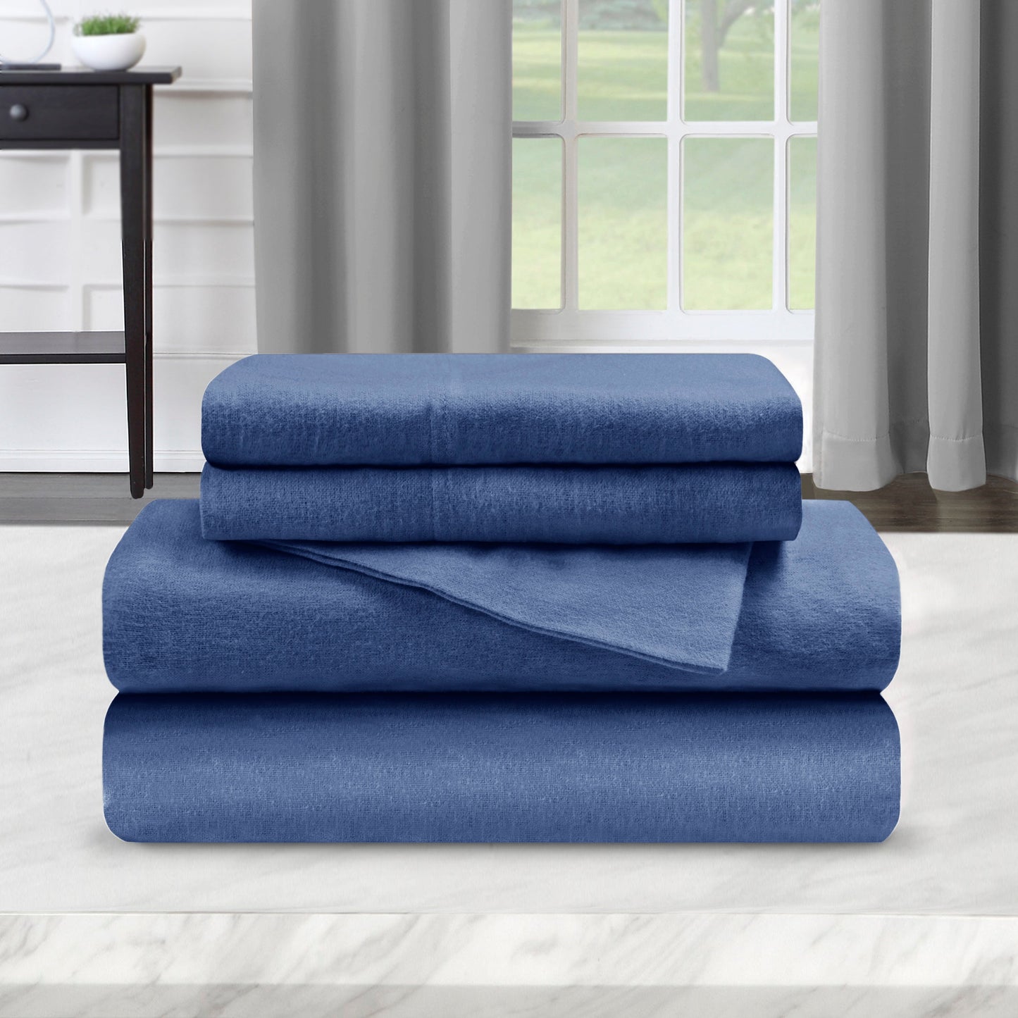 Solid Flannel Cotton Soft Warm Deep Pocket Sheet Set - NavyBlue