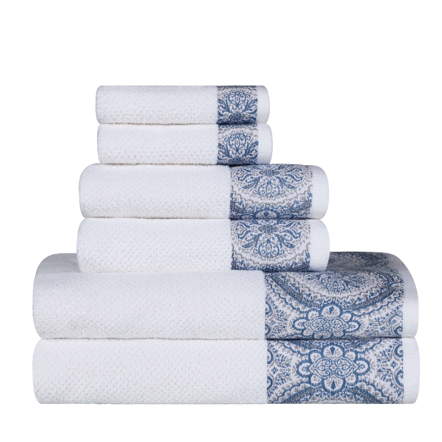 Medallion Cotton Jacquard Textured 6 Piece Assorted Towel Set - NavyBlue