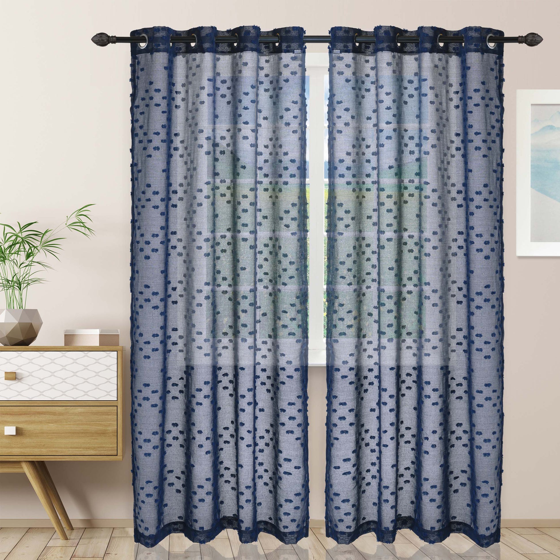 Sheer Poppy Floral Modern Textured Grommet Curtain Panels Set of 2 - NavyBlue