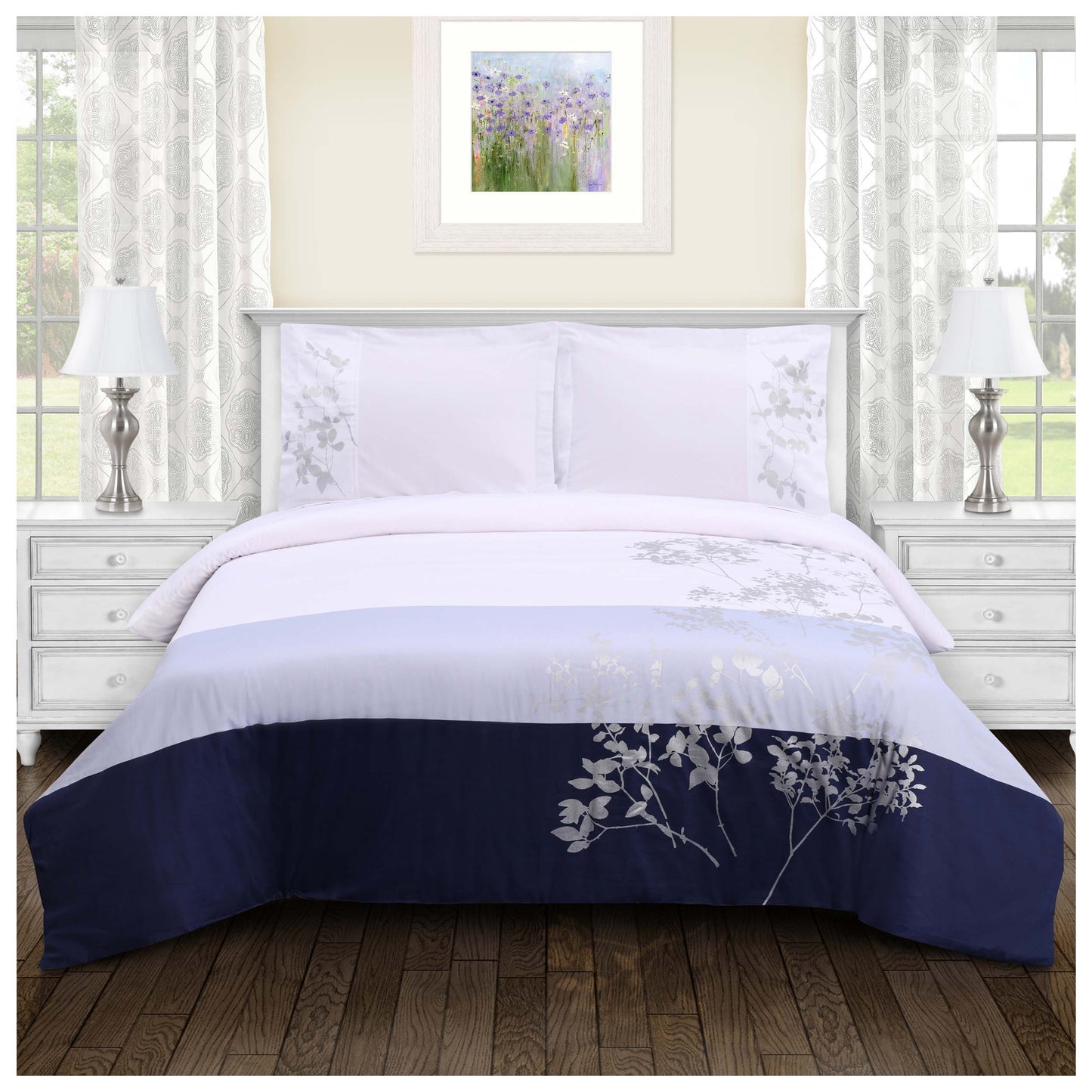 Sydney Floral Damask Cotton Duvet Cover Set - NavyBlue