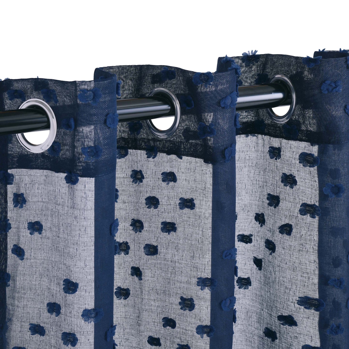 Sheer Poppy Floral Modern Textured Grommet Curtain Panels Set of 2 - NavyBlue