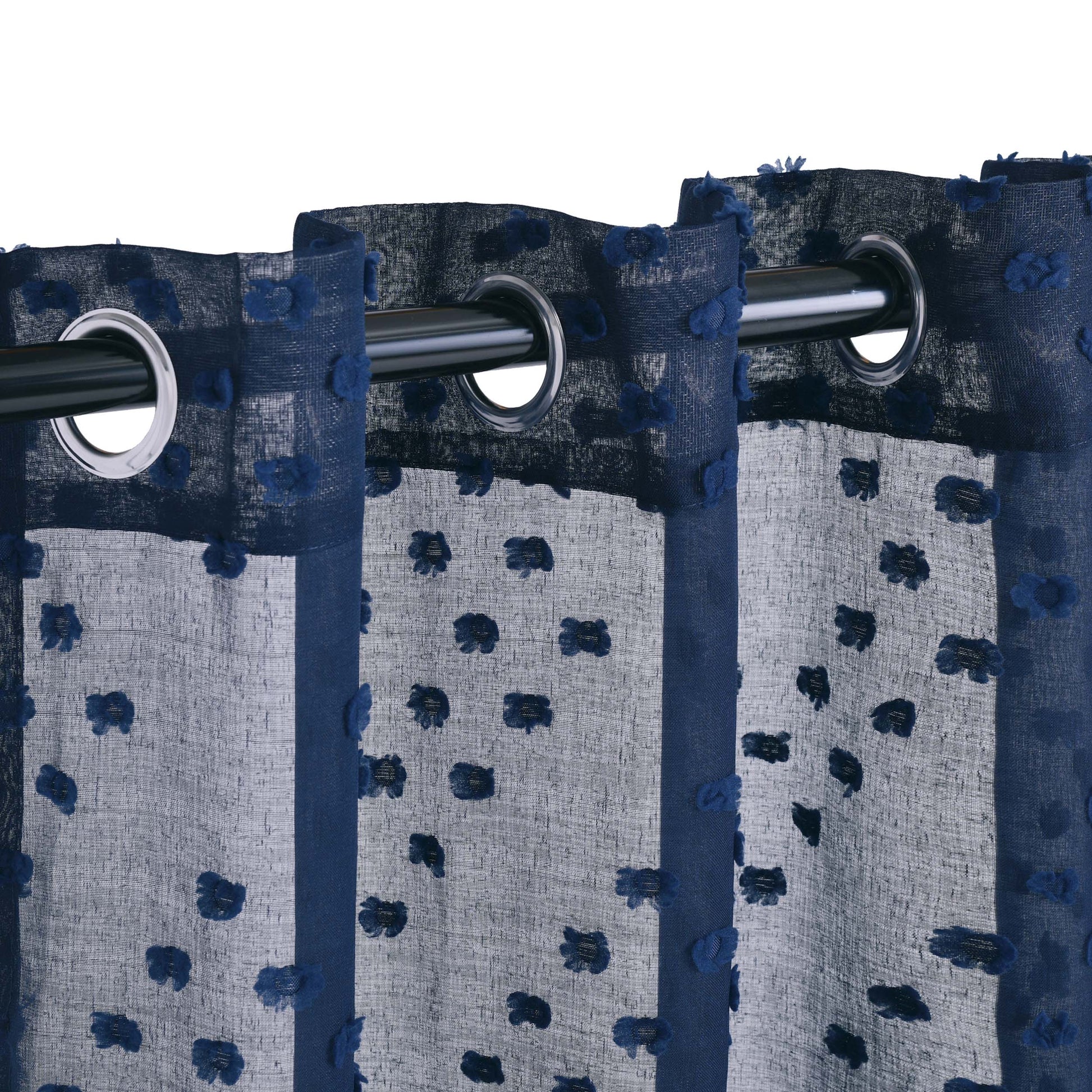 Sheer Poppy Floral Modern Textured Grommet Curtain Panels Set of 2 - NavyBlue