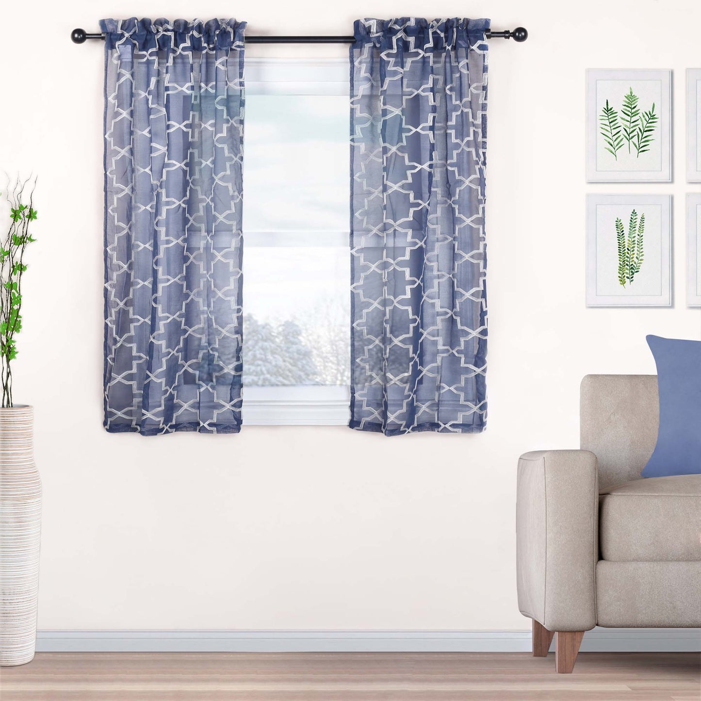 Embroidered Quatrefoil Semi Sheer 2 Piece Curtain Panel Set - NavyBlue
