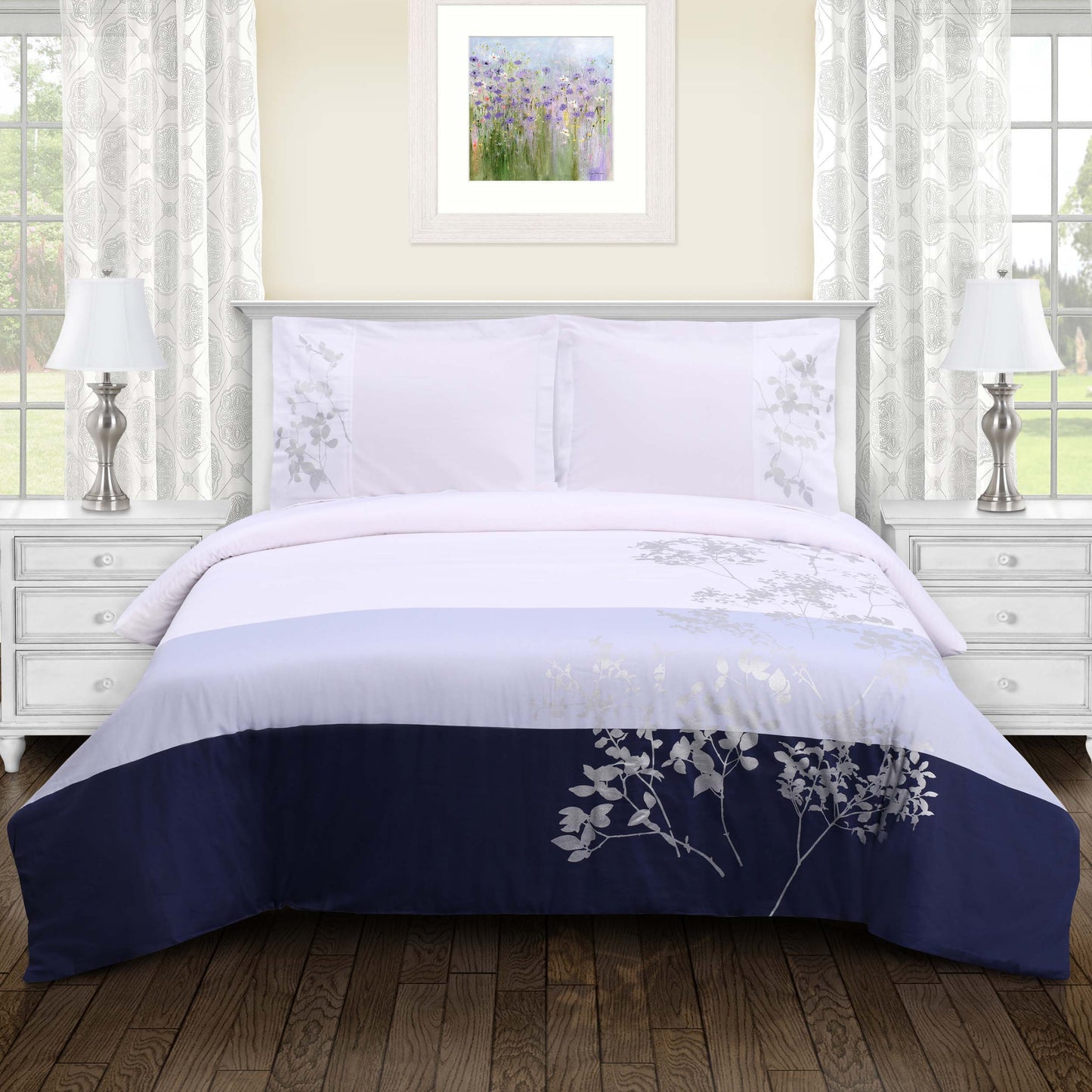Sydney Floral Damask Cotton Duvet Cover Set - NavyBlue