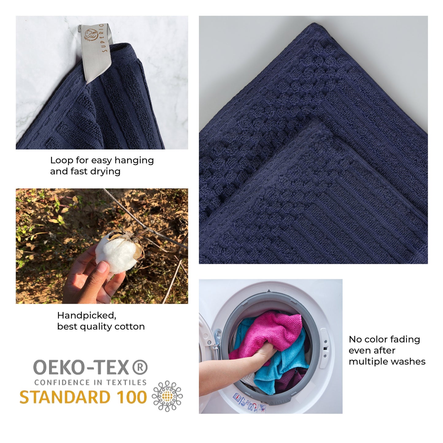 Soho Ribbed Cotton Absorbent 3 Piece Assorted Towel Set - NavyBlue