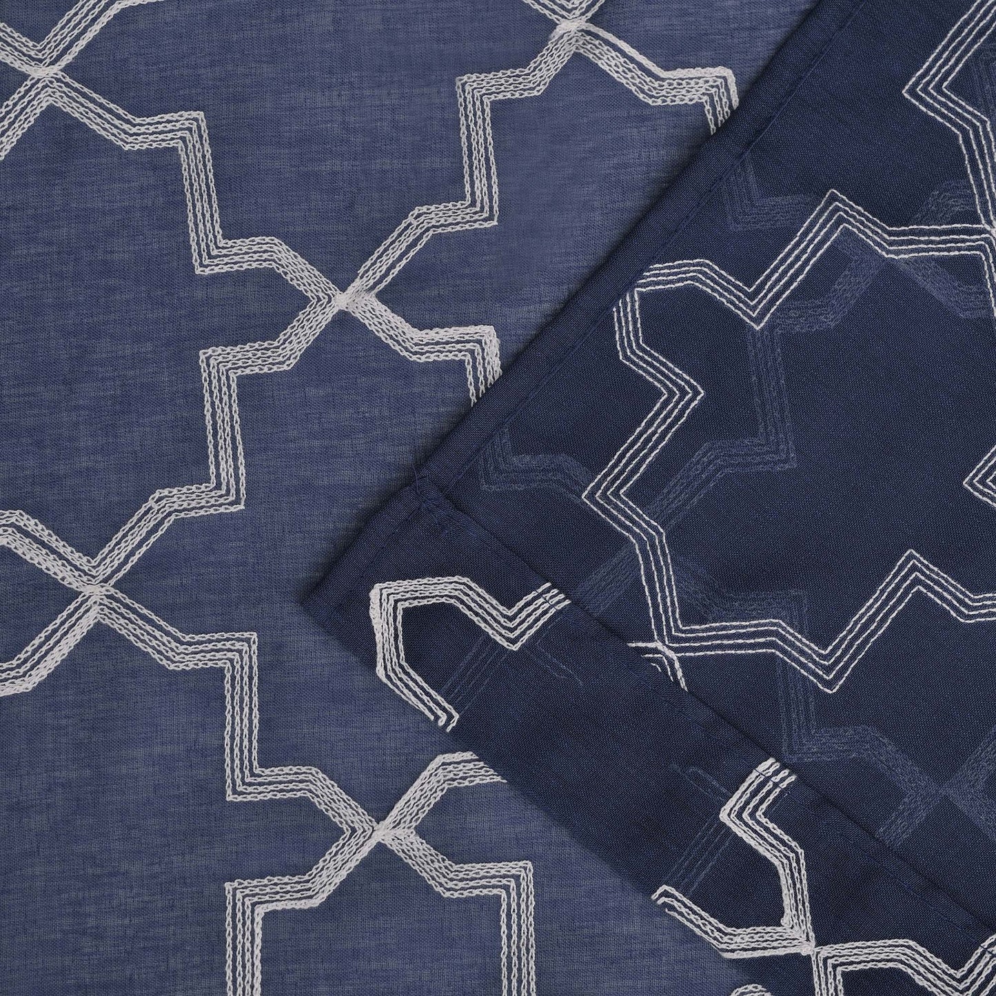 Embroidered Quatrefoil Semi Sheer 2 Piece Curtain Panel Set - NavyBlue