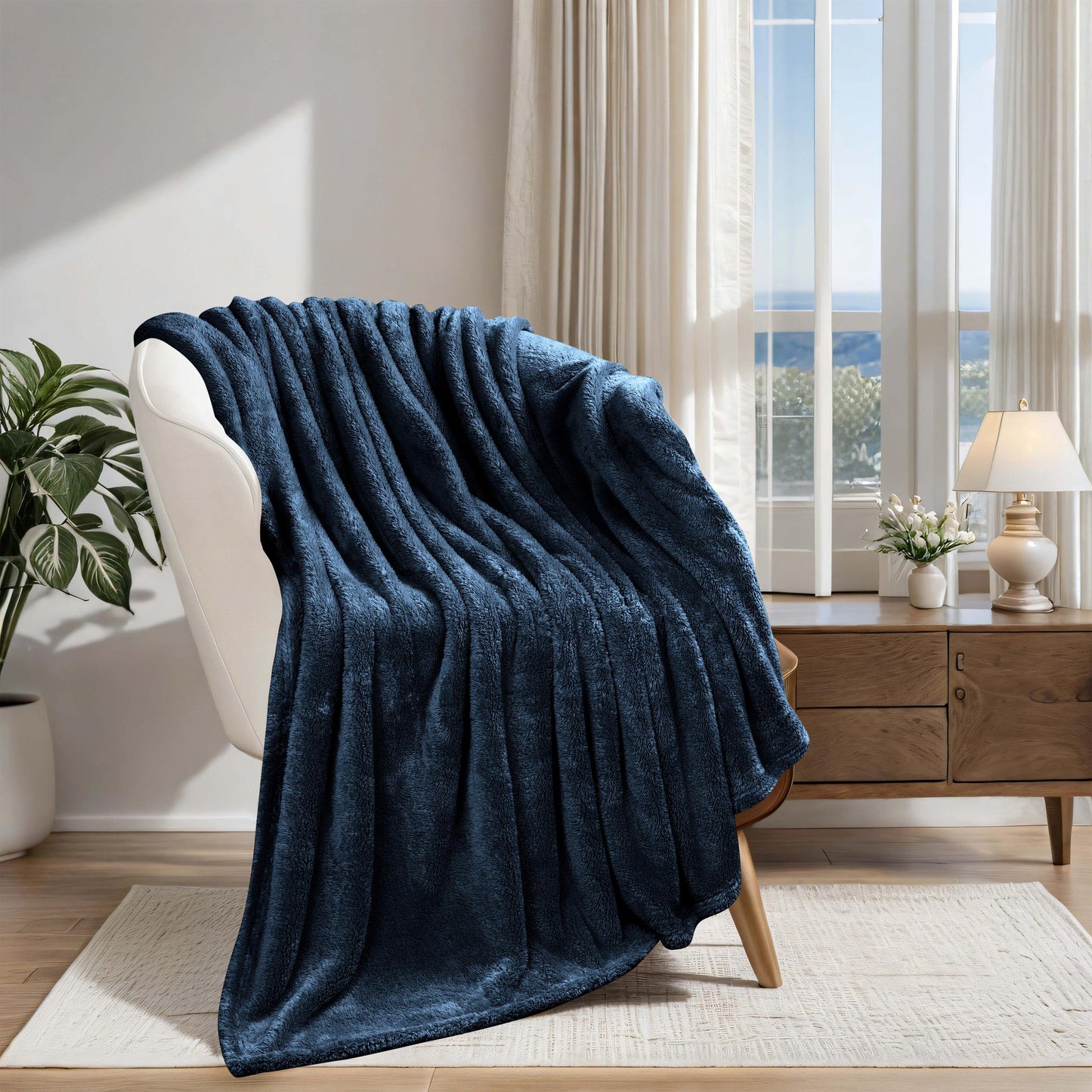 Fleece Plush Medium Weight Fluffy Soft Solid Decorative Blanket - NavyBlue