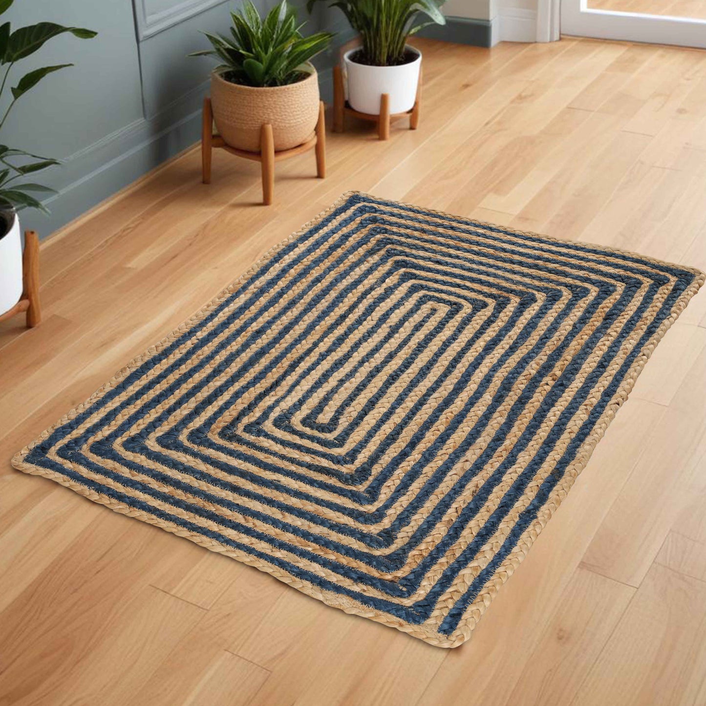 Braided Jute Reversible Round Indoor Outdoor Area Rug - NavyBlue