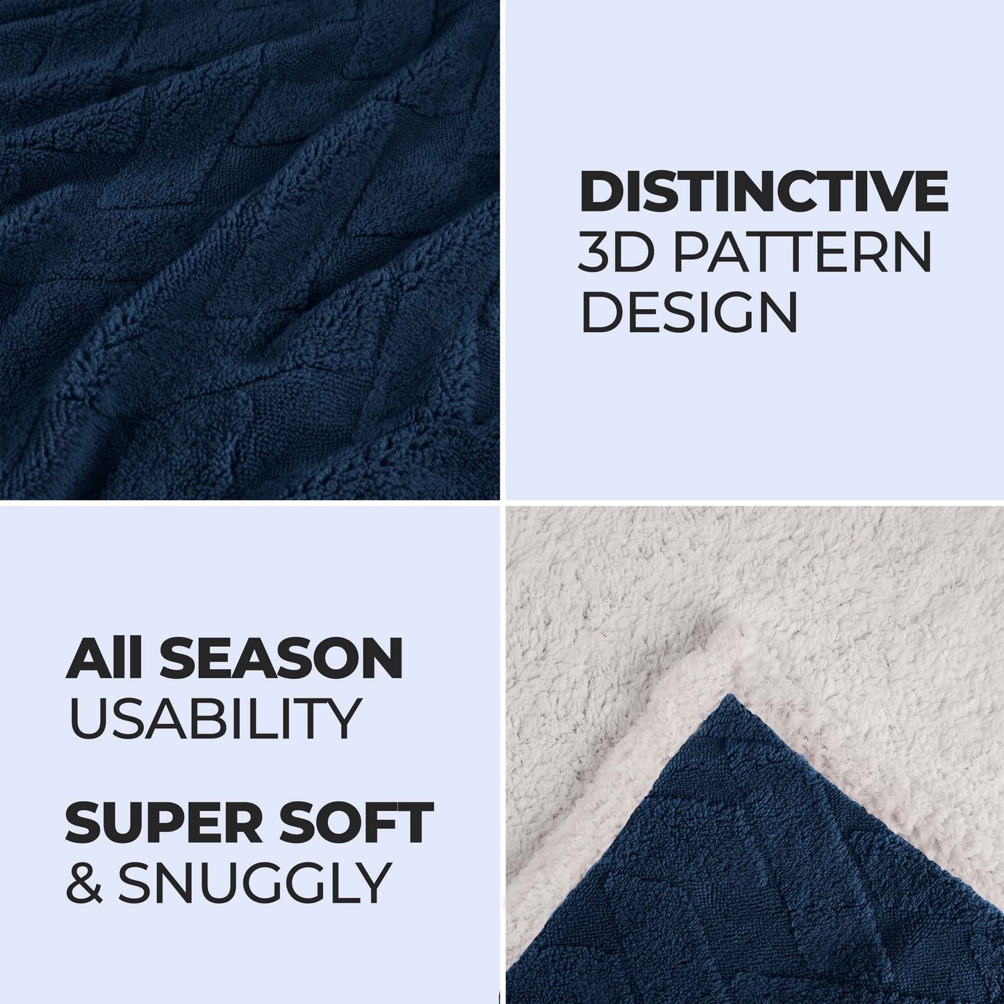 Nuuk Jacquard Lattice Fleece Plush Fluffy Sherpa Reversible Blanket - NavyBlue