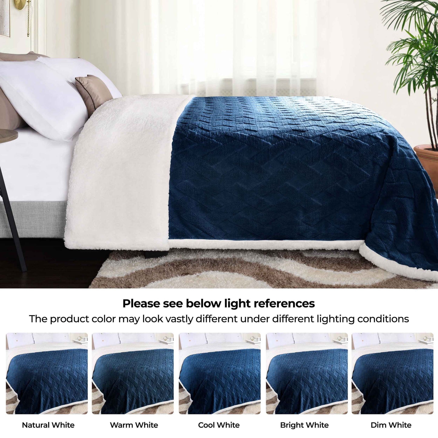 Nuuk Jacquard Lattice Fleece Plush Fluffy Sherpa Reversible Blanket - NavyBlue