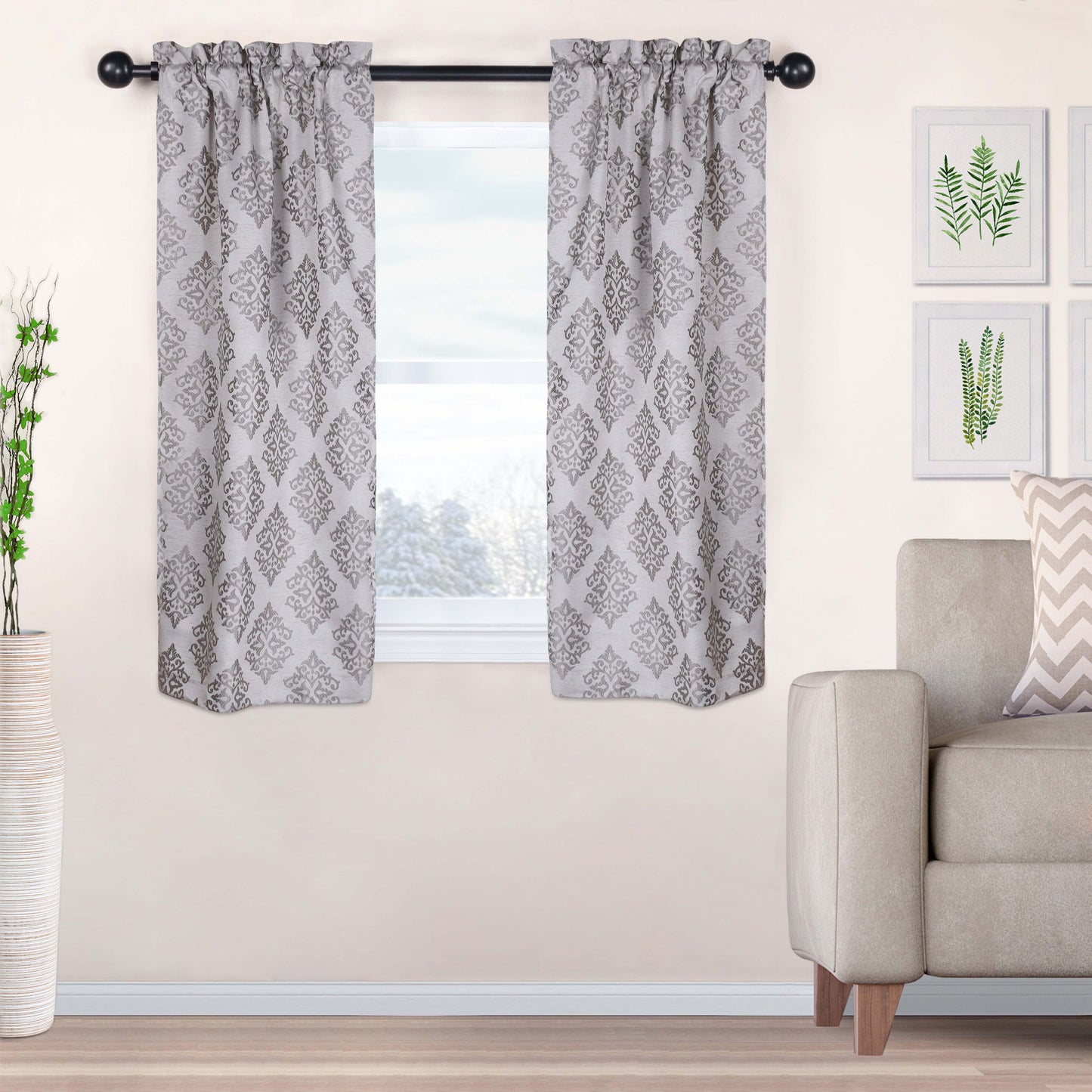 Venetian Damask Jacquard Curtain Panels, Set of 2 - NickelBlack