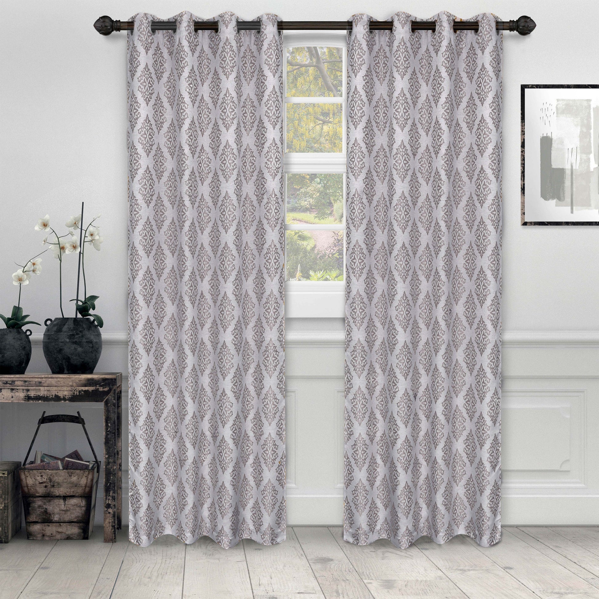 Venetian Damask Jacquard Curtain Panels, Set of 2 - NickelBlack