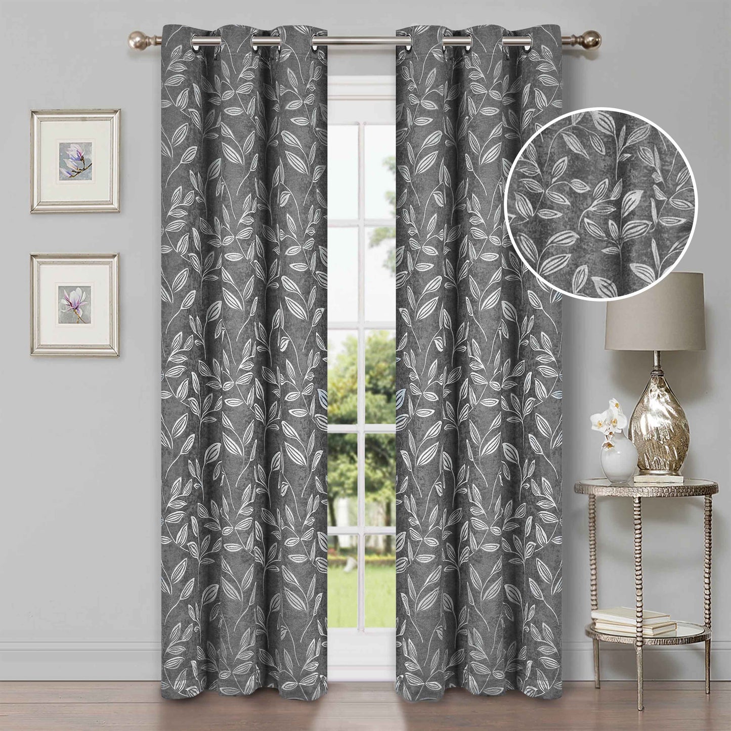Leaves Machine Washable Room Darkening Blackout Curtains, Set of 2 - NickeBlack