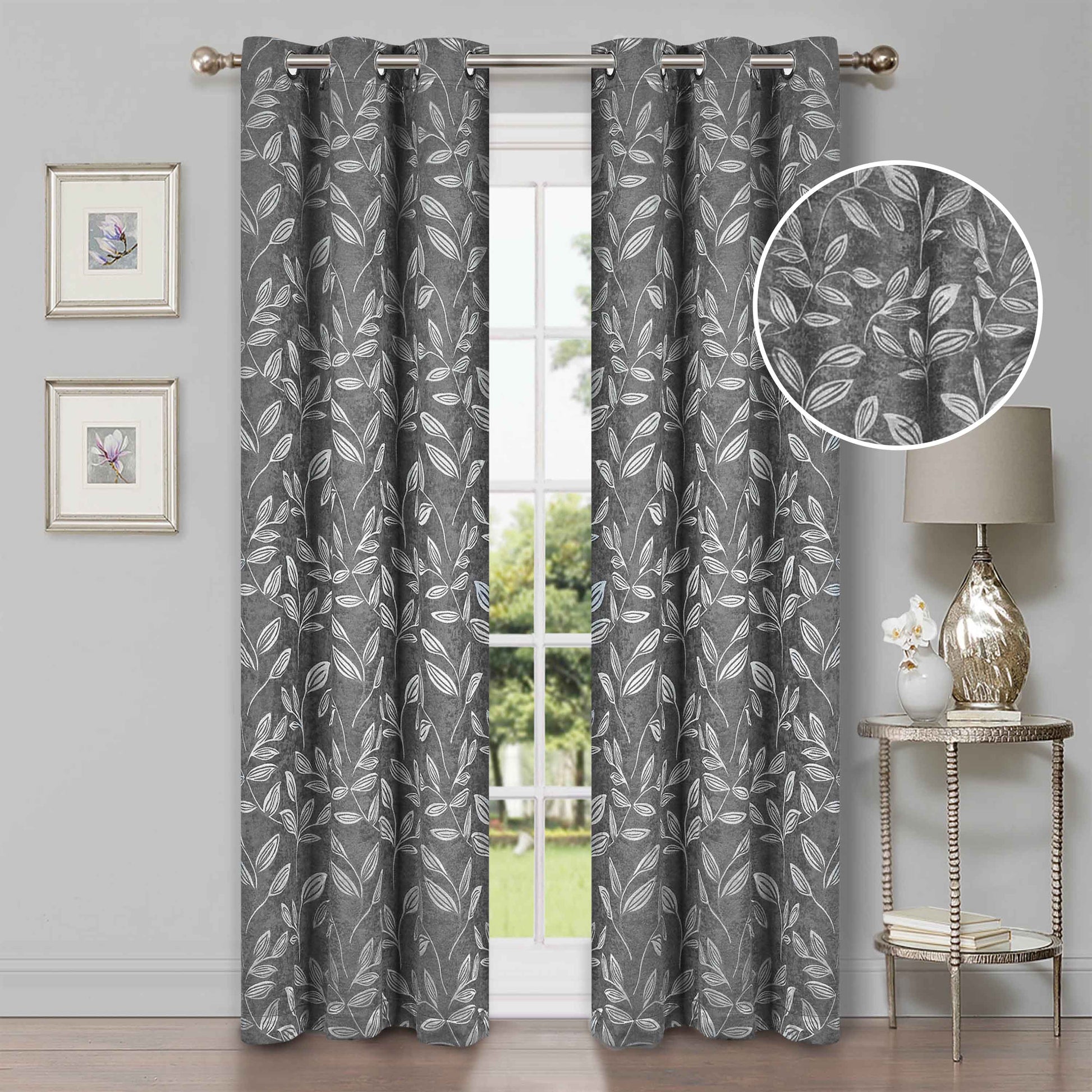 Leaves Machine Washable Room Darkening Blackout Curtains, Set of 2 - NickeBlack