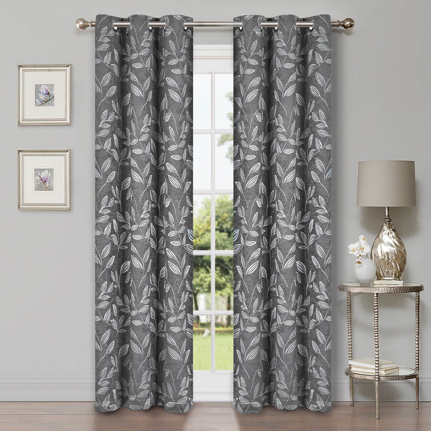 Leaves Machine Washable Room Darkening Blackout Curtains, Set of 2 - NickeBlack