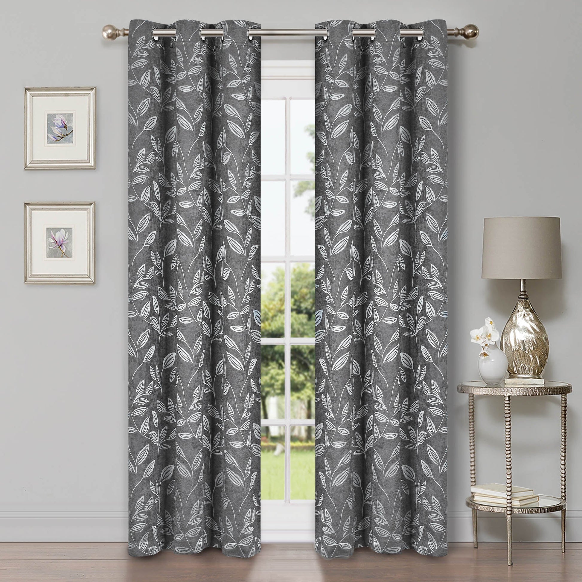 Leaves Machine Washable Room Darkening Blackout Curtains, Set of 2 - NickeBlack