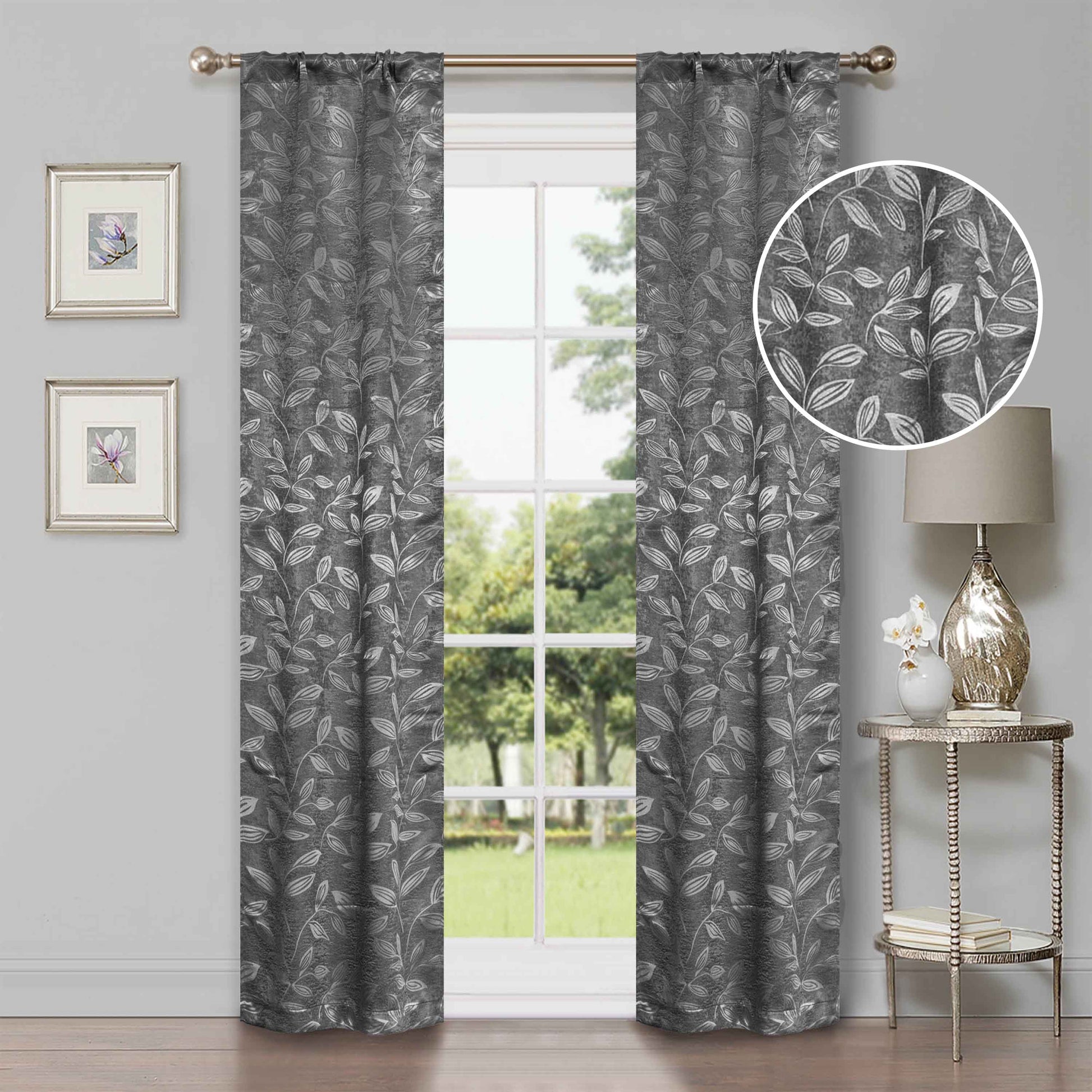 Leaves Machine Washable Room Darkening Blackout Curtains, Set of 2 - NickeBlack