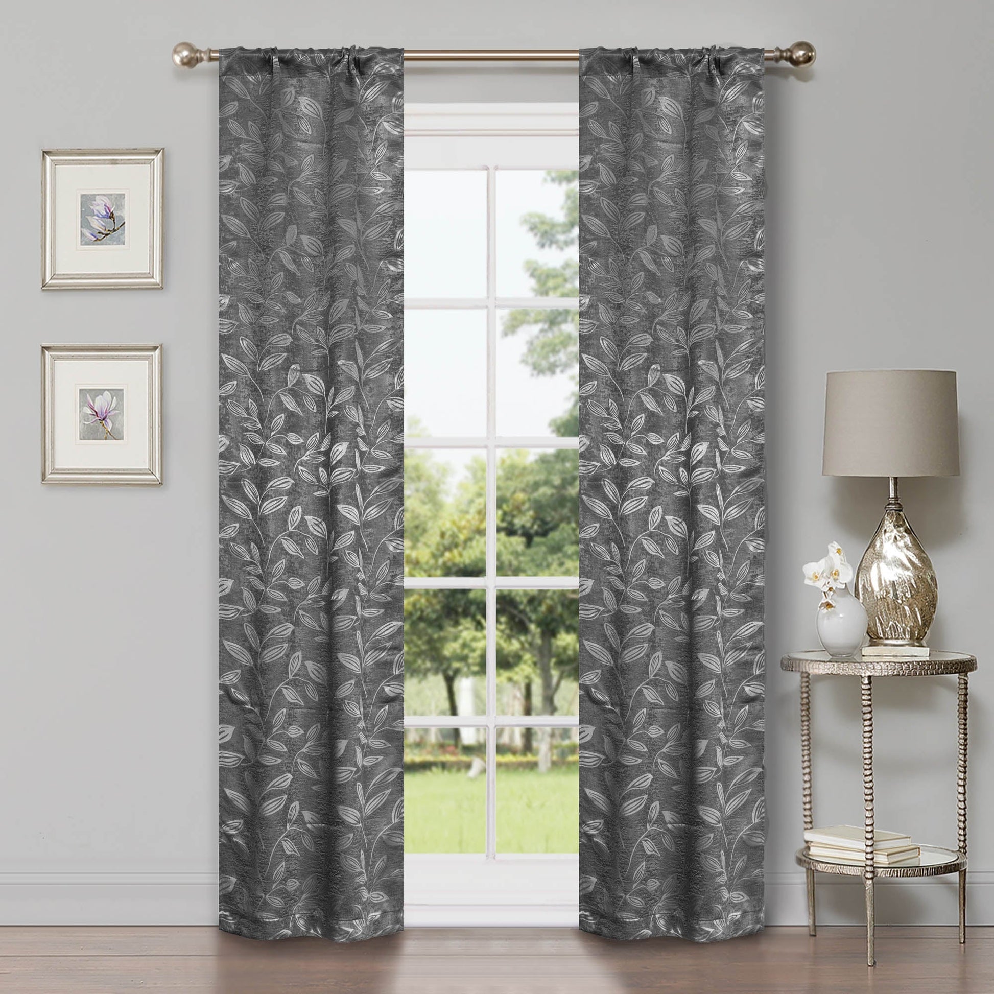 Leaves Machine Washable Room Darkening Blackout Curtains, Set of 2 - NickeBlack