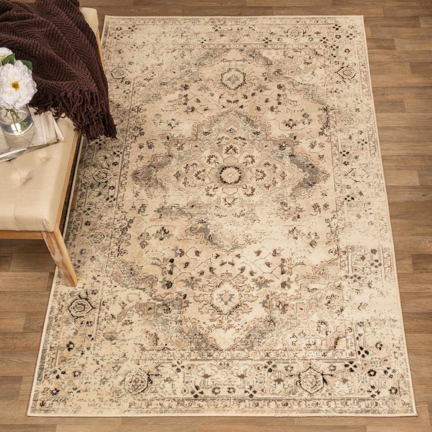 Superior Nysa Oriental Floral and Vines Indoor Farmhouse Area Rug -  Camel