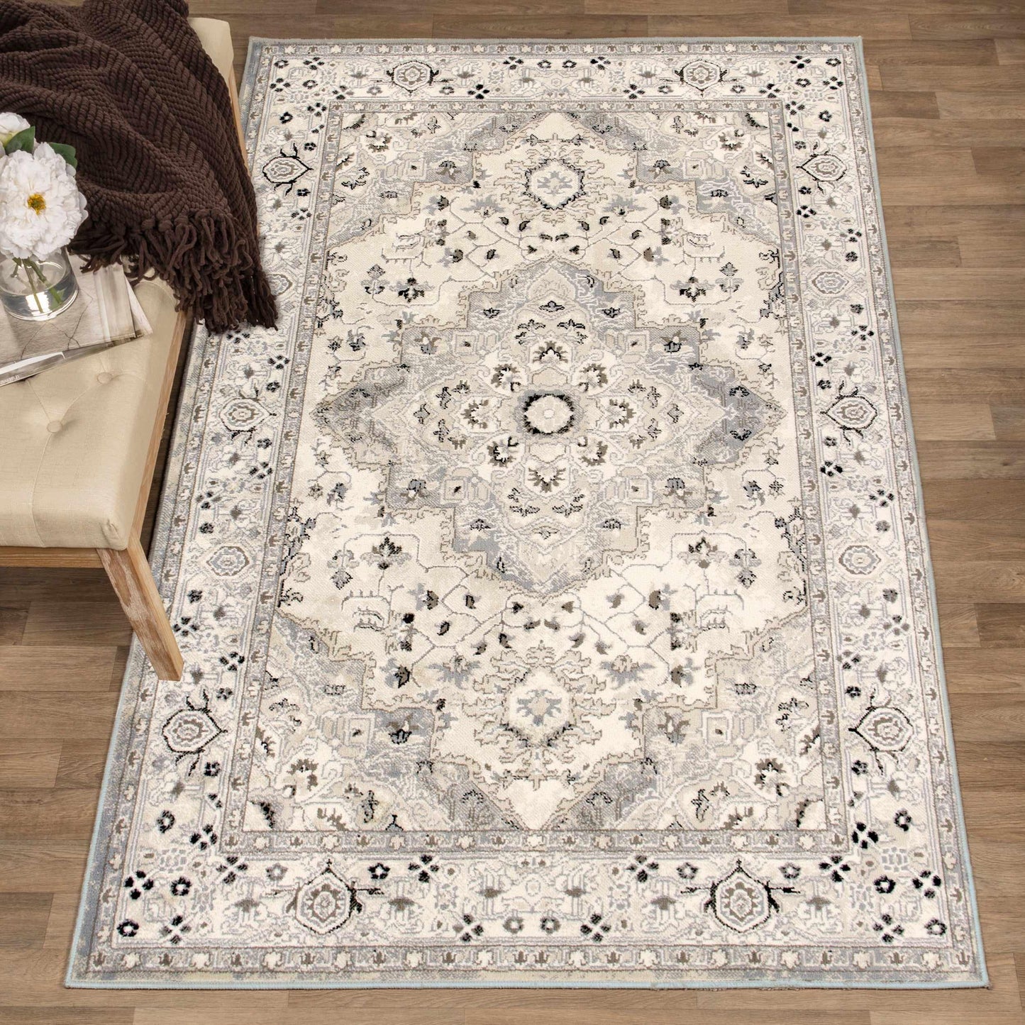 Superior Nysa Oriental Floral and Vines Indoor Farmhouse Area Rug -  Slate