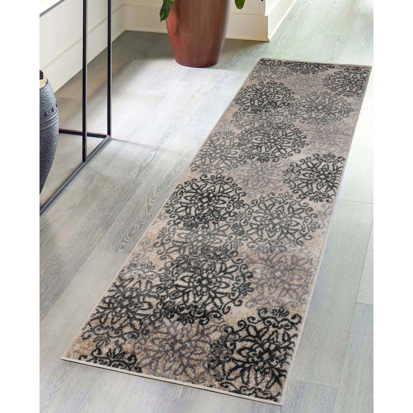 Leigh Traditional Floral Scroll Indoor Area Rug or Runner Rug Or Door Mat - Oatmeal