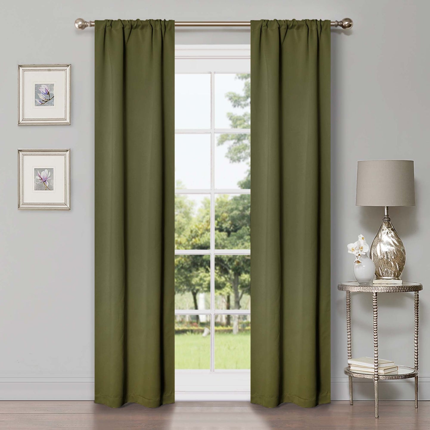 Solid Room Darkening Rod Pocket Blackout Curtain Panels, Set of 2 - OliveGreen