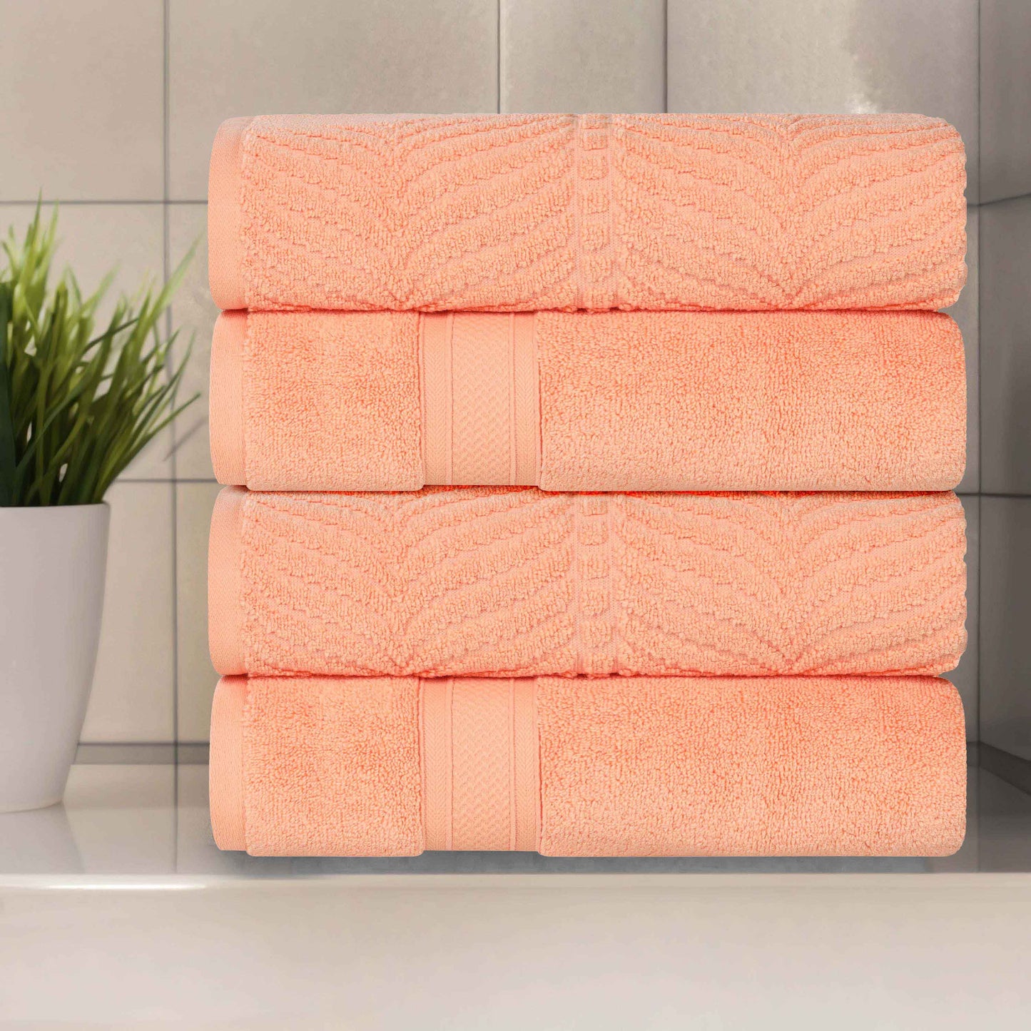 Chevron Zero Twist Solid and Jacquard Soft Cotton Hand Towel Set of 6 - Peach